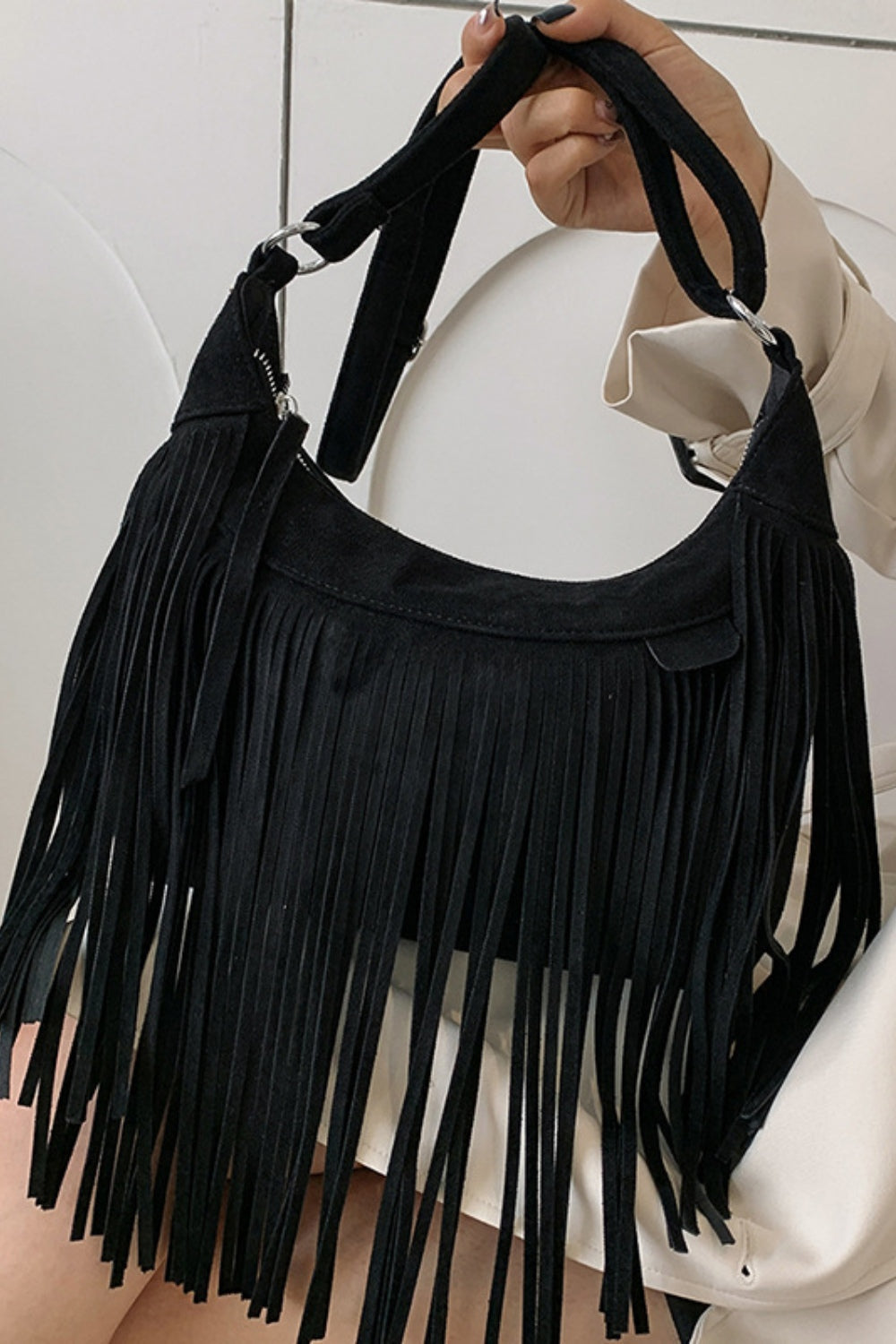 Suede Fringe Adjustable Strap Shoulder Bag - Black / One Size