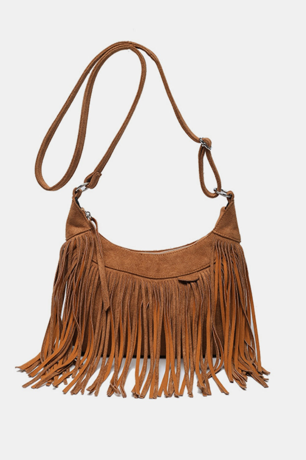 Suede Fringe Adjustable Strap Shoulder Bag - Caramel / One Size