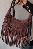 Suede Fringe Adjustable Strap Shoulder Bag - Dark Brown / One Size