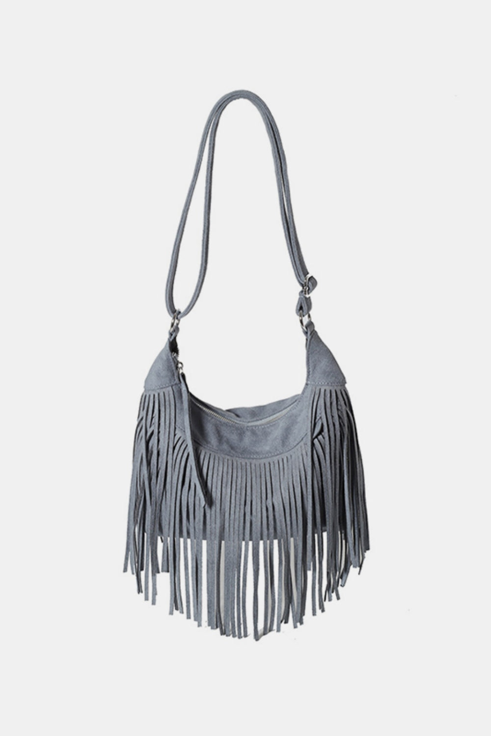 Suede Fringe Adjustable Strap Shoulder Bag - Gray / One Size