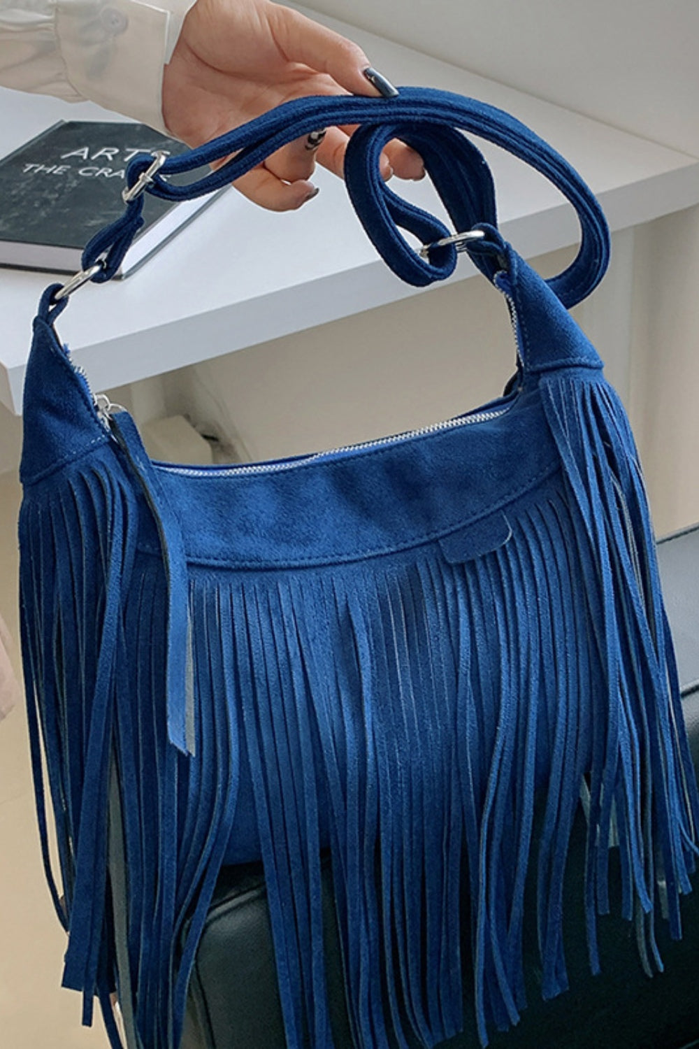 Suede Fringe Adjustable Strap Shoulder Bag - Navy / One Size