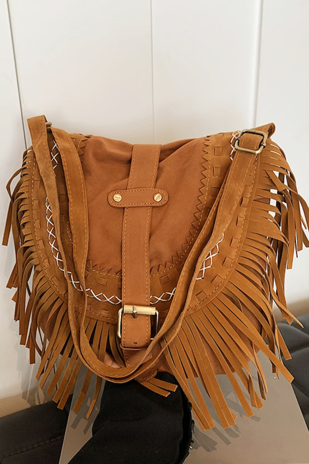 Suede Fringe Wide Strap Shoulder Bag - Caramel / One Size