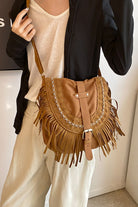 Suede Fringe Wide Strap Shoulder Bag - Caramel / One Size