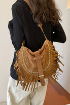 Suede Fringe Wide Strap Shoulder Bag - Caramel / One Size