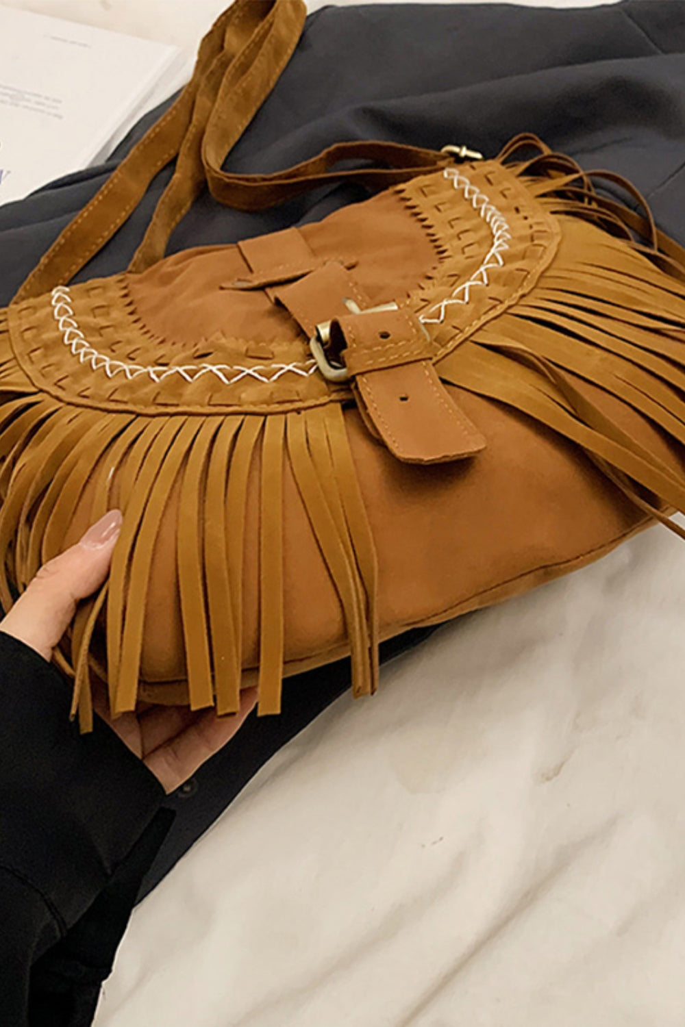 Suede Fringe Wide Strap Shoulder Bag - Caramel / One Size