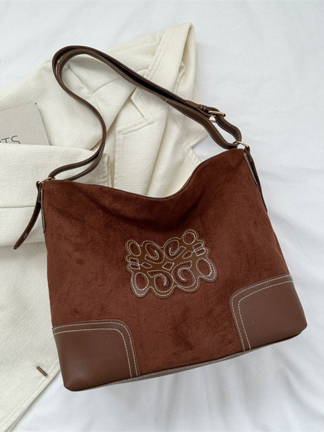 Suede Patch Adjustable Strap Tote Bag - Dark Brown / One Size