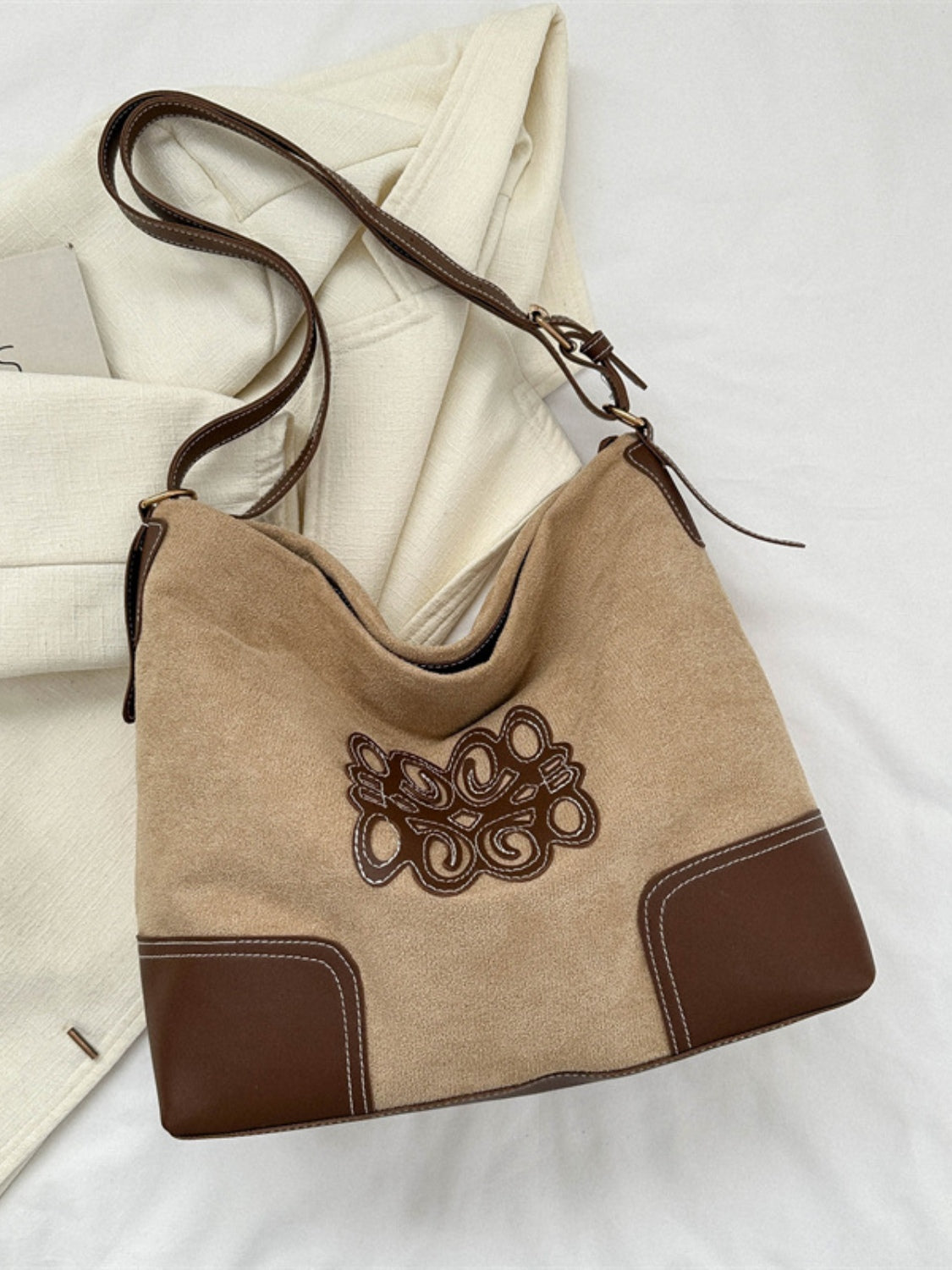 Suede Patch Adjustable Strap Tote Bag - Khaki / One Size