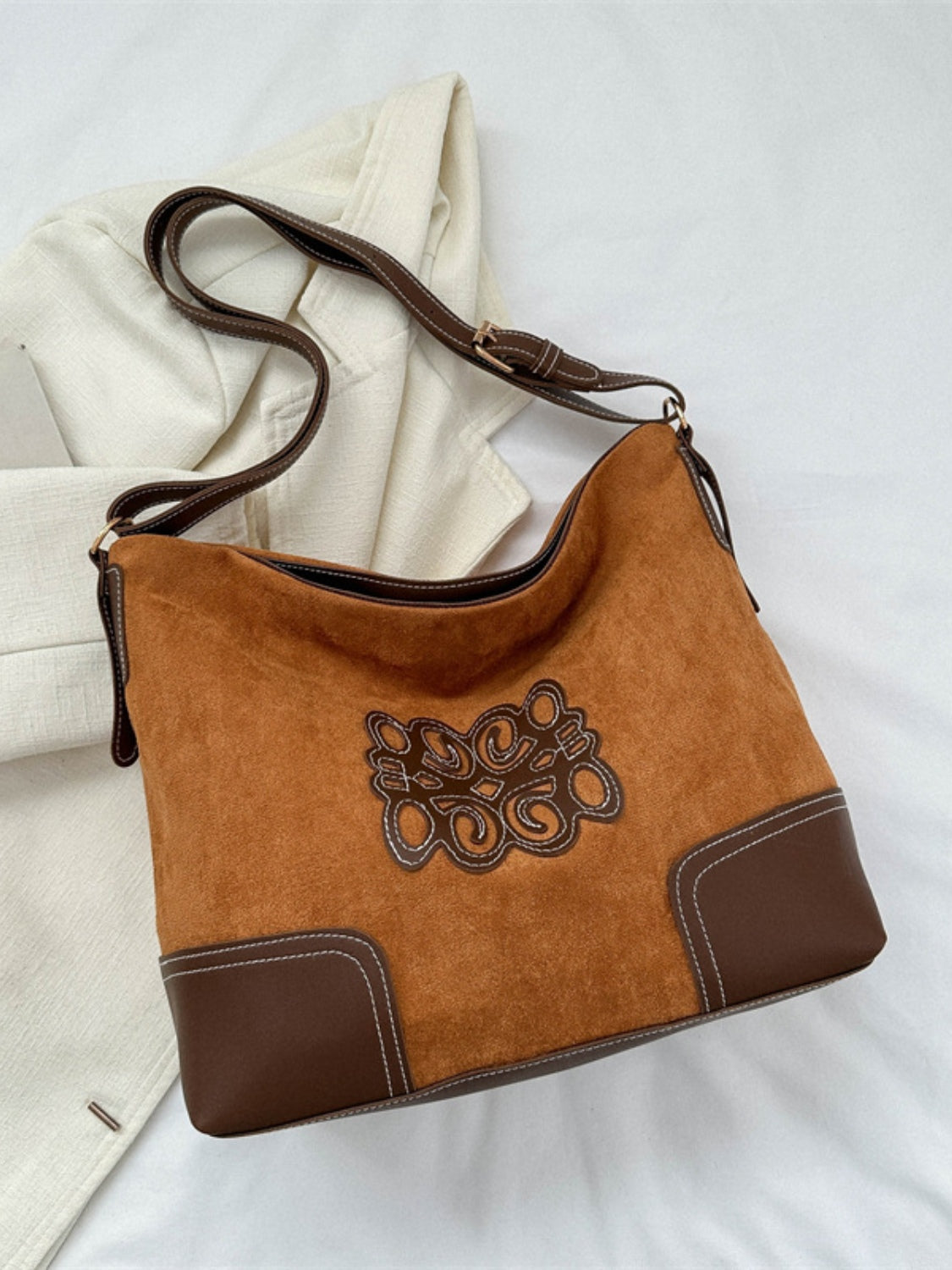 Suede Patch Adjustable Strap Tote Bag - Ochre / One Size