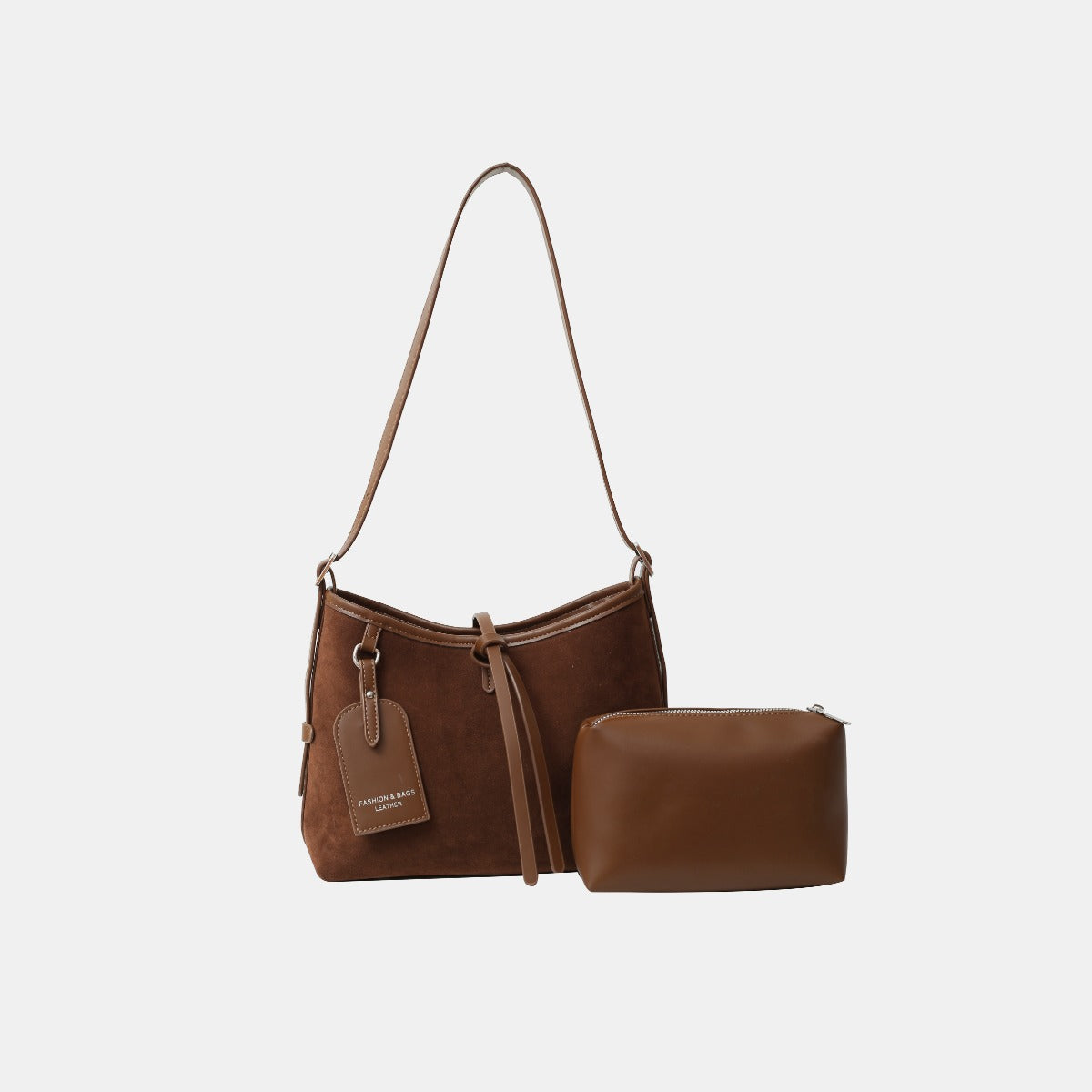 Suede Shoulder Bag and PU Leather Clutch 2 Piece Set - Brown / One Size