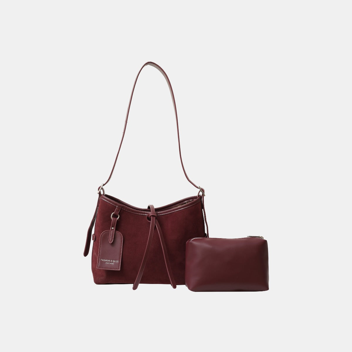 Suede Shoulder Bag and PU Leather Clutch 2 Piece Set - Burgundy / One Size