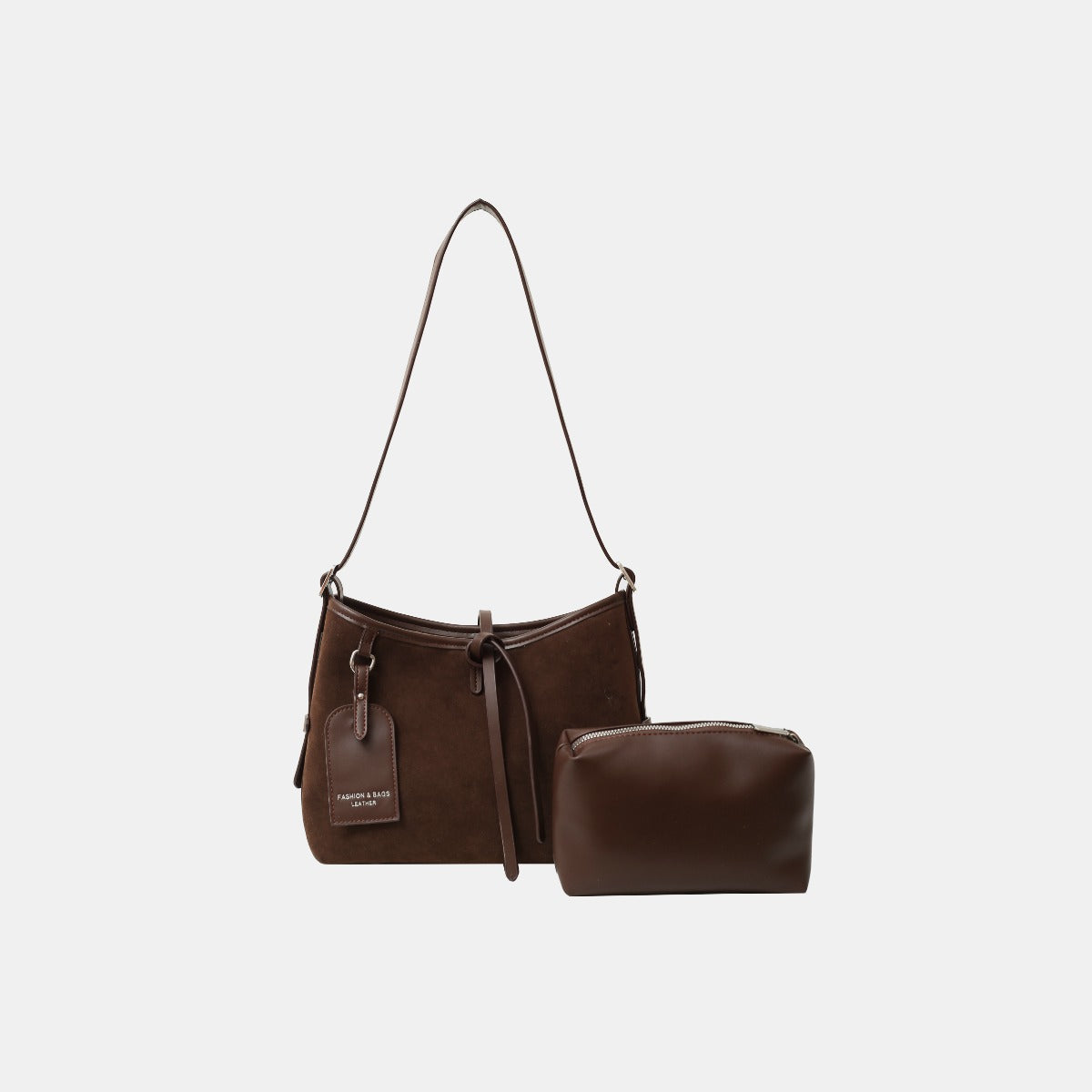 Suede Shoulder Bag and PU Leather Clutch 2 Piece Set - Coffee Brown / One Size