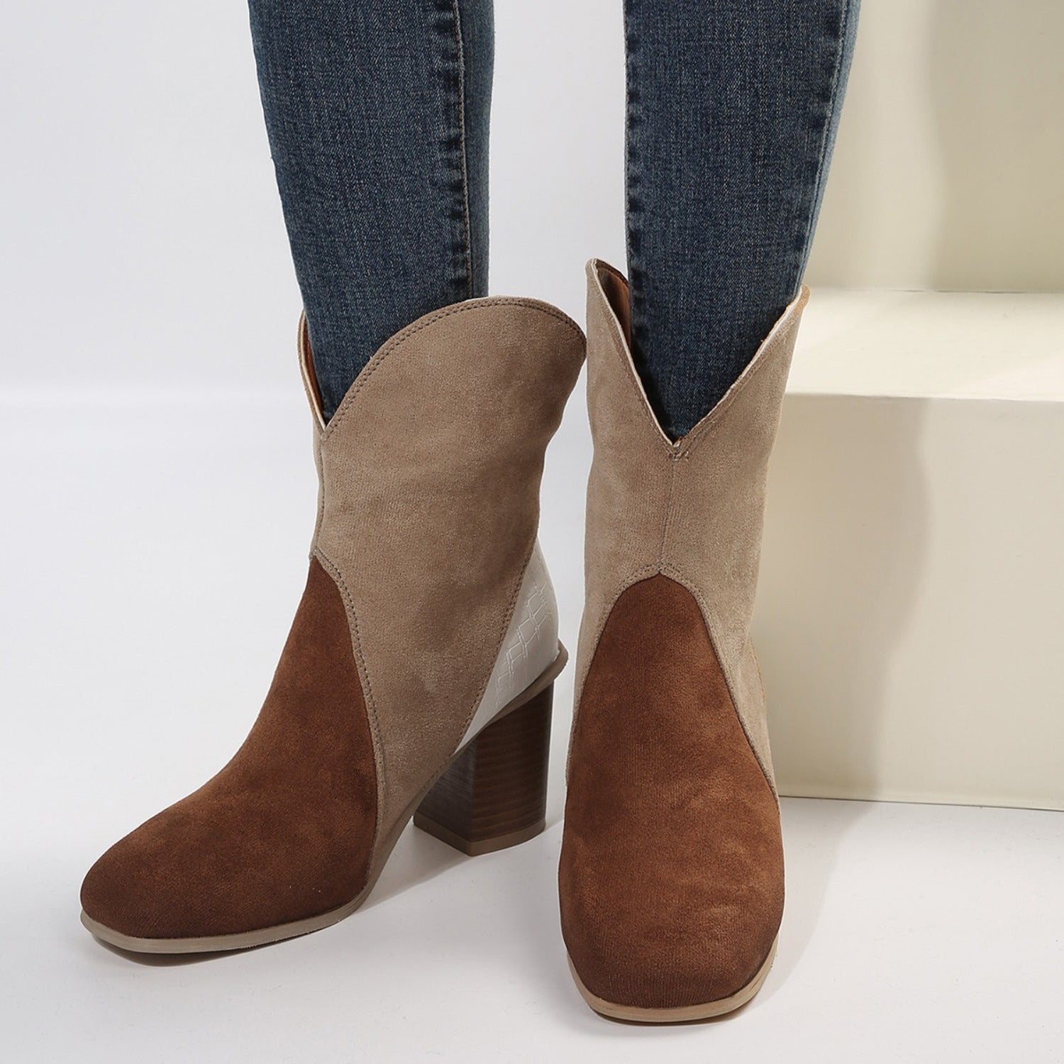 Suede Square Toe Block Heel Boots - Brown / 36(US5)