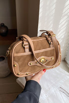 Suede Studded Adjustable Strap Shoulder Bag - Camel / One Size