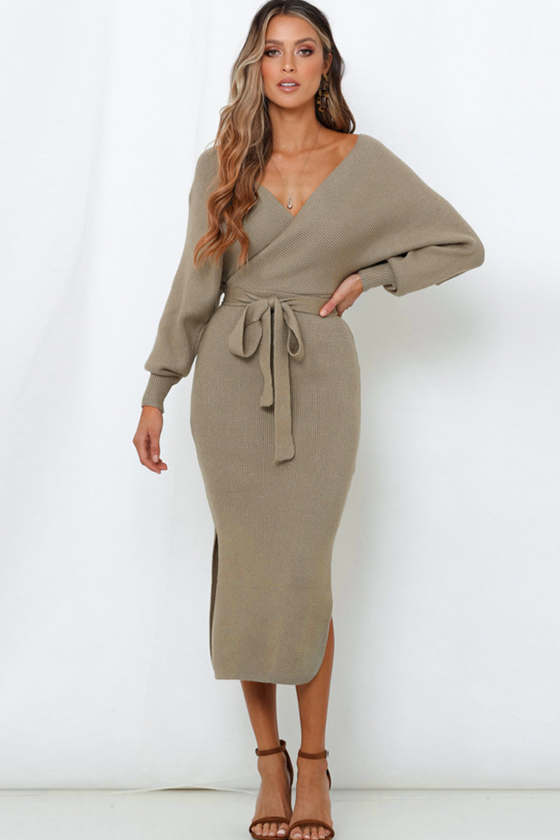 Surplice Neck Bow Waist Slit Sweater Dress - Khaki / S/M