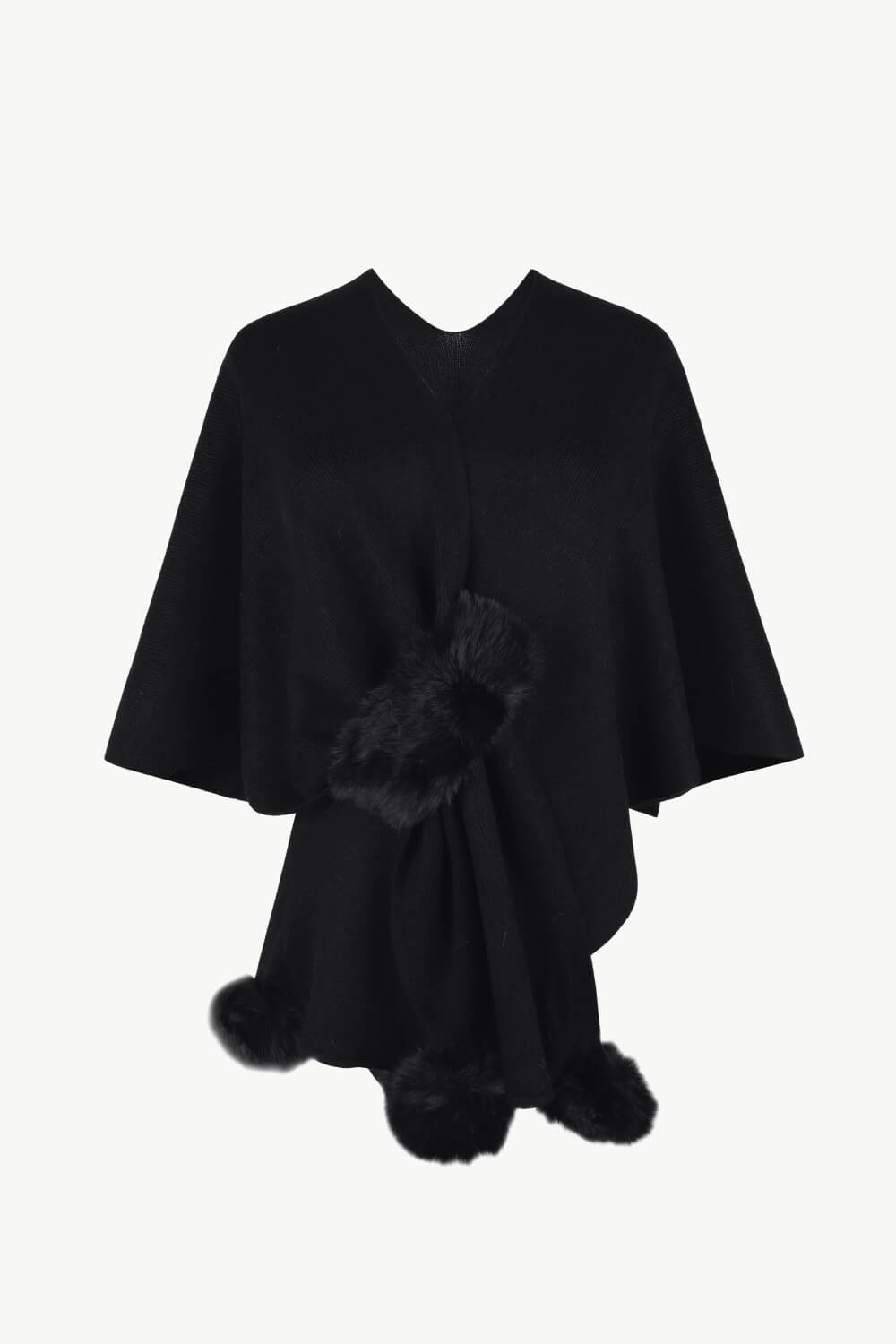 Surplice Neck Pom-Pom Trim Poncho - Black / One Size