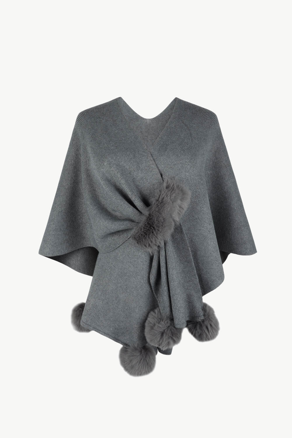 Surplice Neck Pom-Pom Trim Poncho - Charcoal / One Size