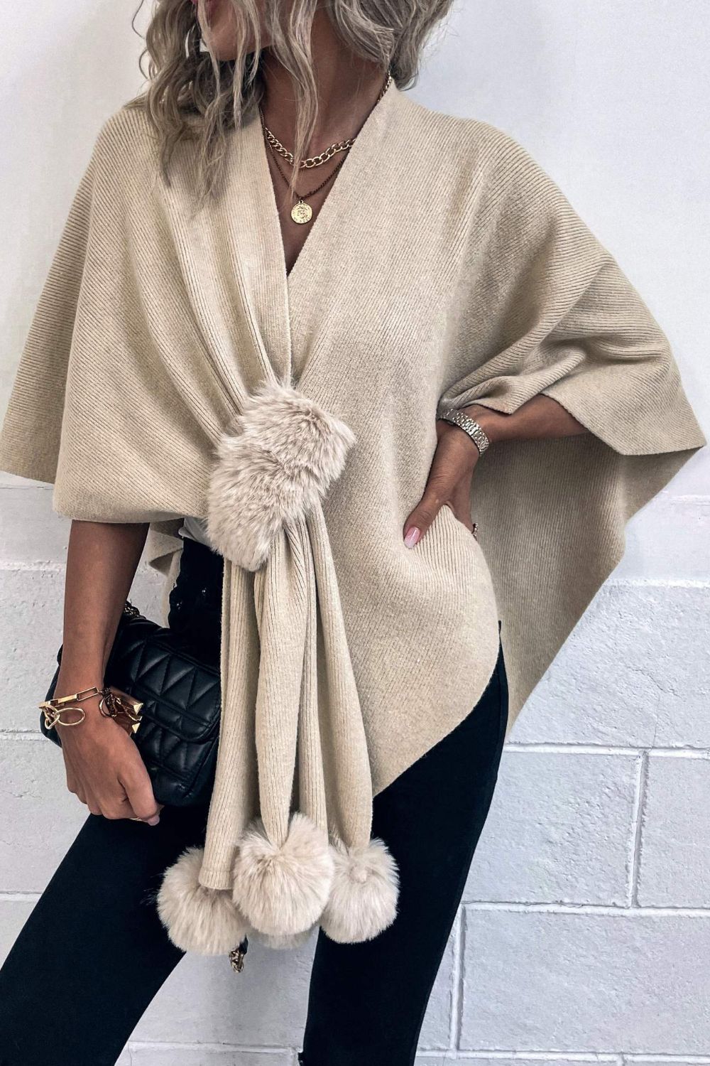 Surplice Neck Pom-Pom Trim Poncho - Ivory / One Size