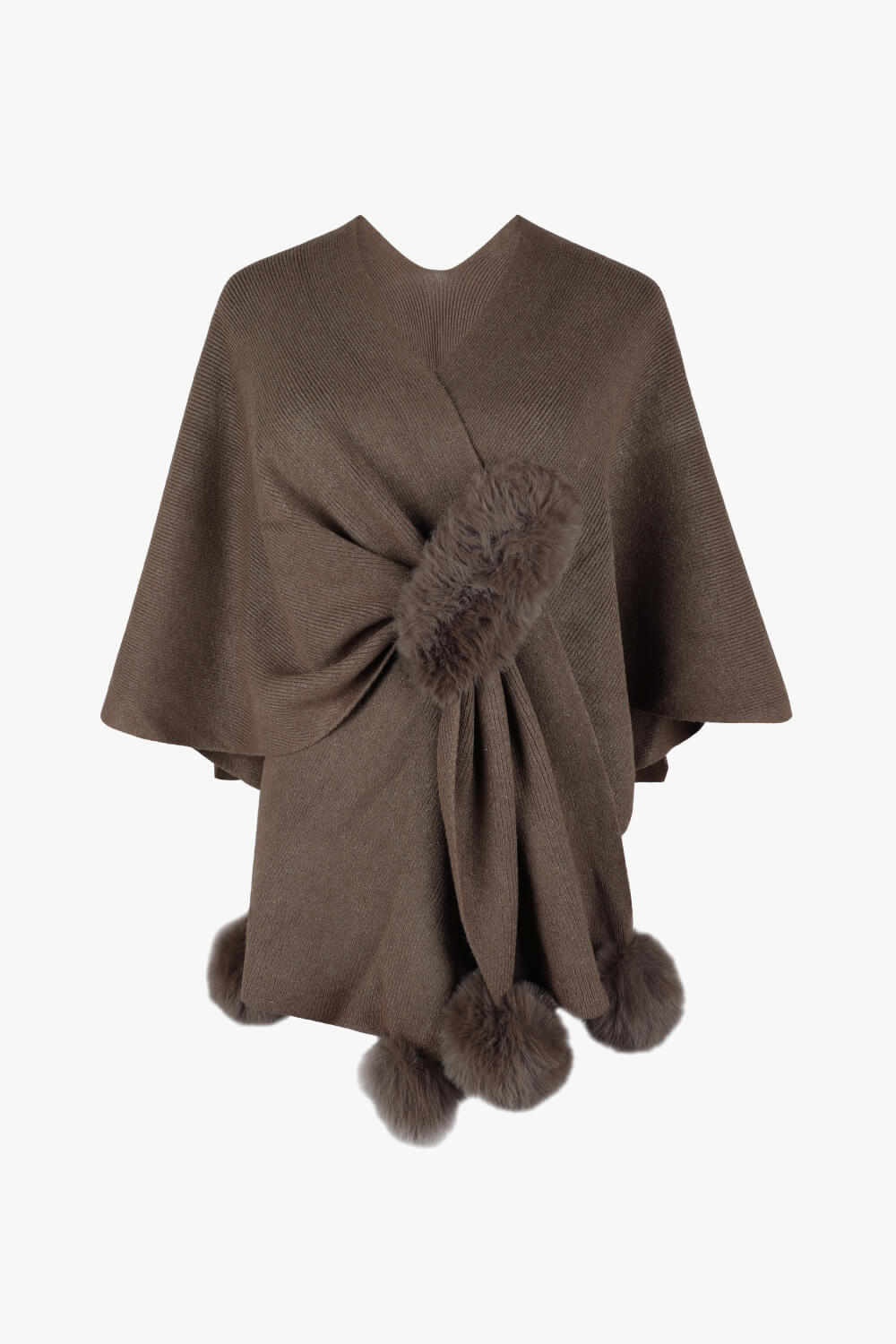 Surplice Neck Pom-Pom Trim Poncho - Taupe / One Size