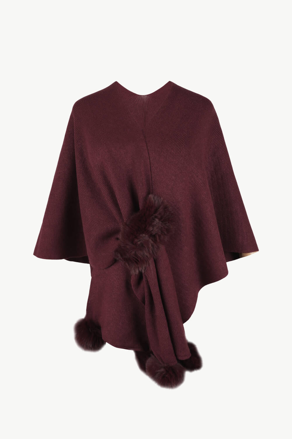Surplice Neck Pom-Pom Trim Poncho - Wine / One Size