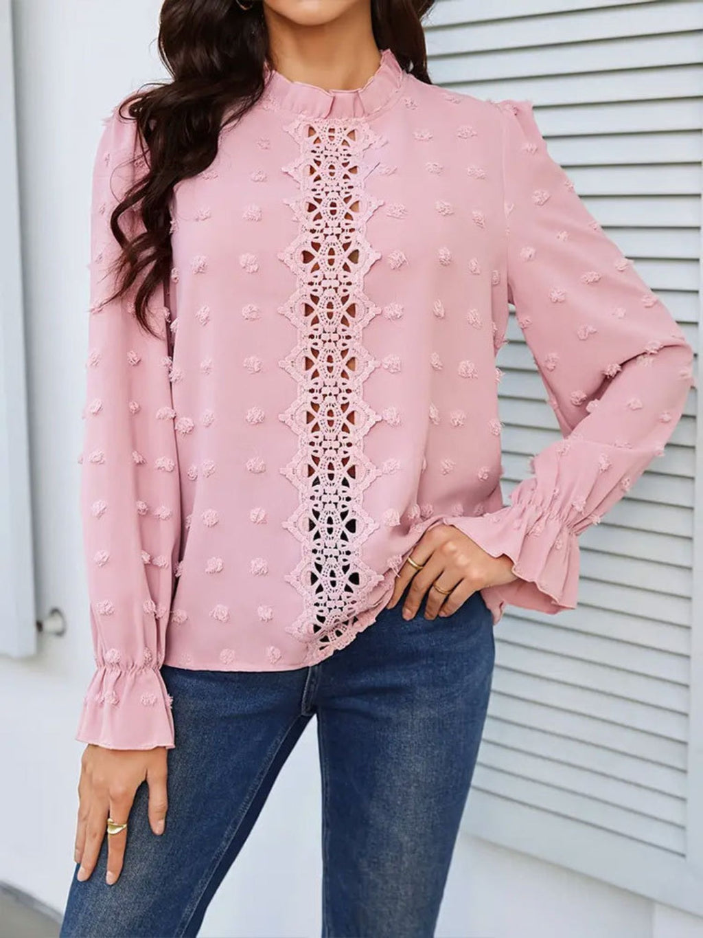 Swiss Dot Mock Neck Flounce Sleeve Blouse - Blush Pink / S