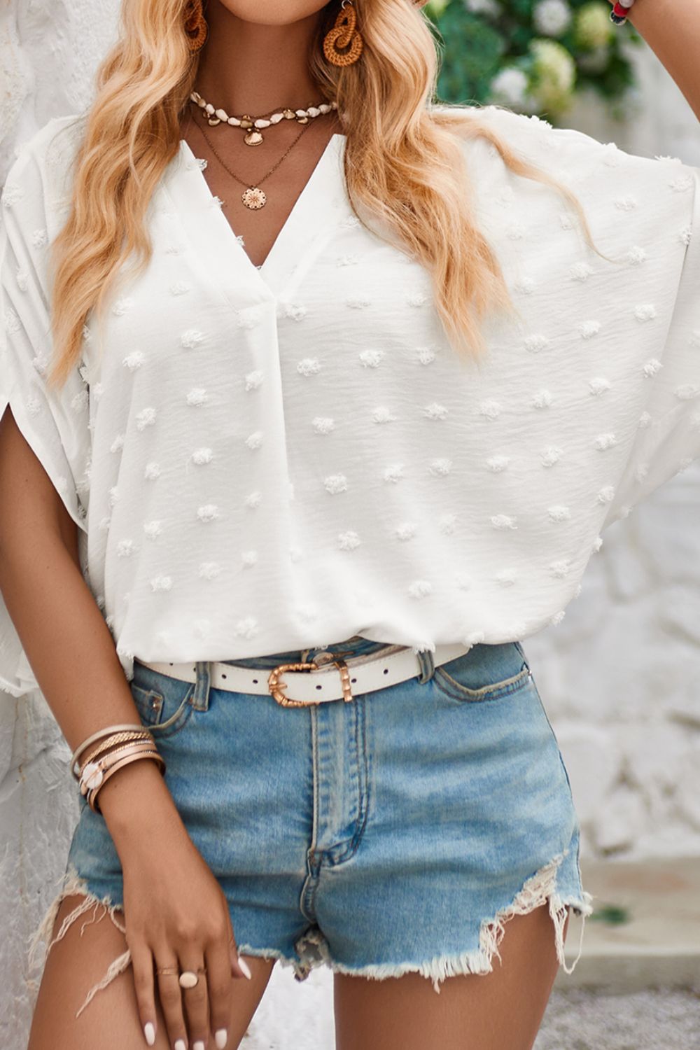 Swiss Dot Notched Half Sleeve Blouse - White / S