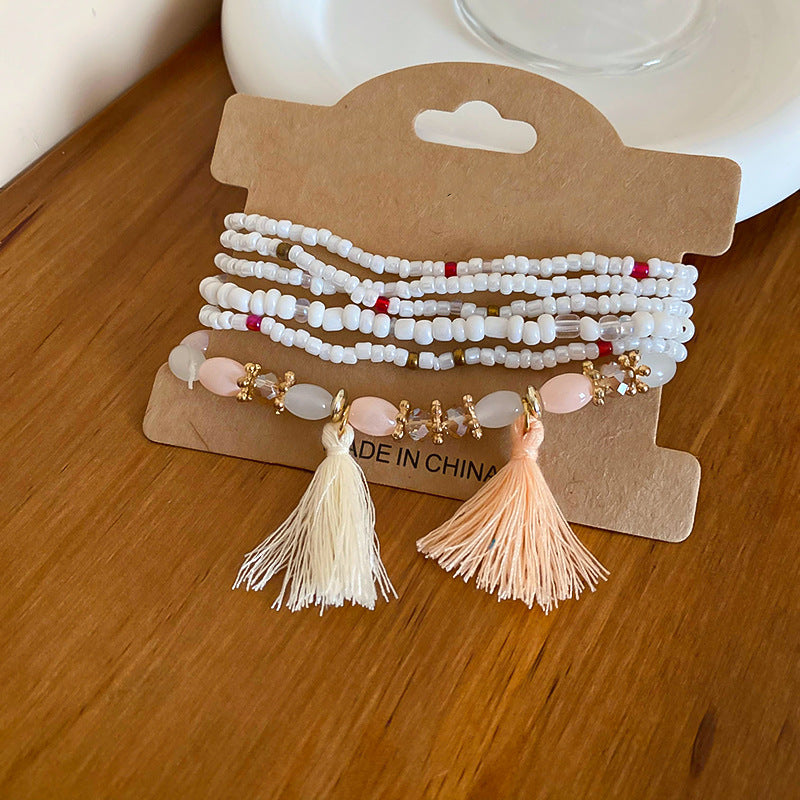 Tassel Rice Bead Bracelet - White / One Size