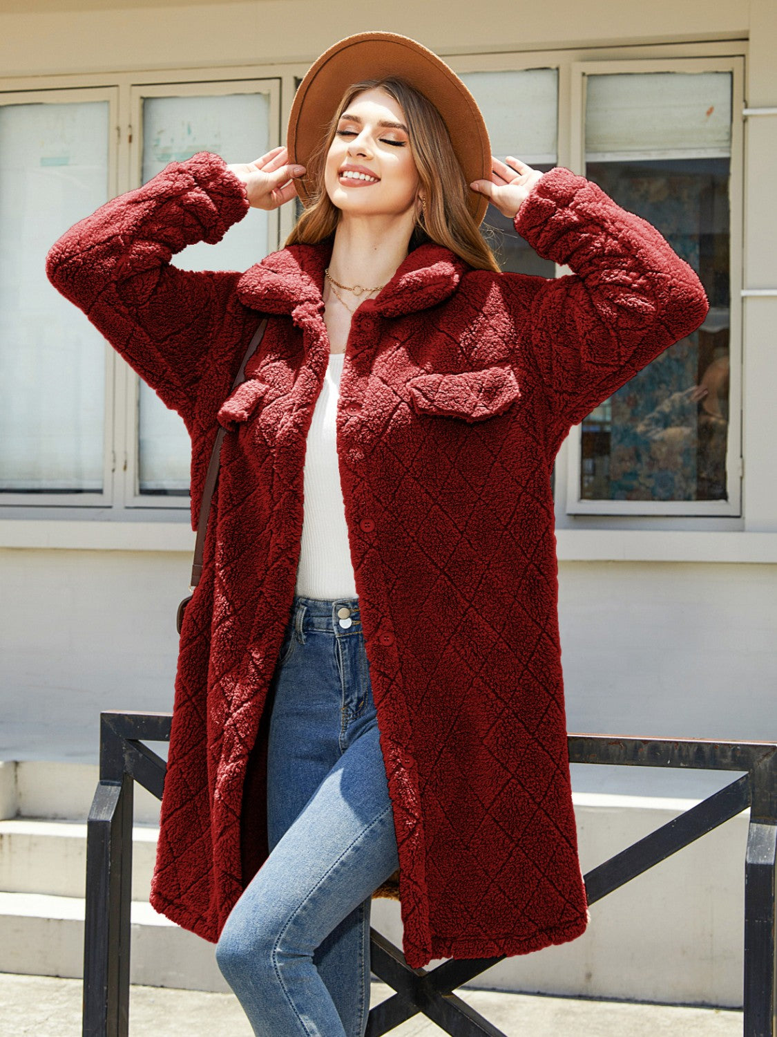 Texture Button Up Dropped Shoulder Coat - Burgundy / S