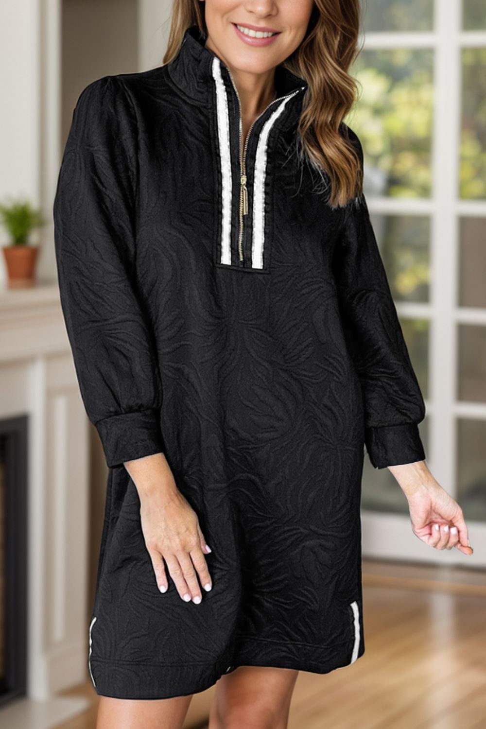 Texture Quarter Zip Long Sleeve Mini Dress - Black / S