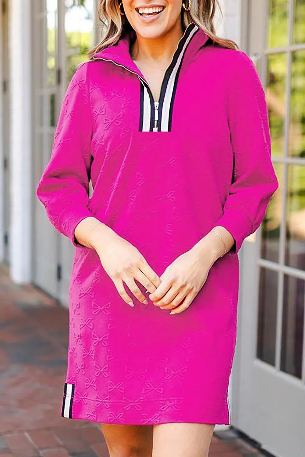 Texture Quarter Zip Long Sleeve Mini Dress - Cerise / S