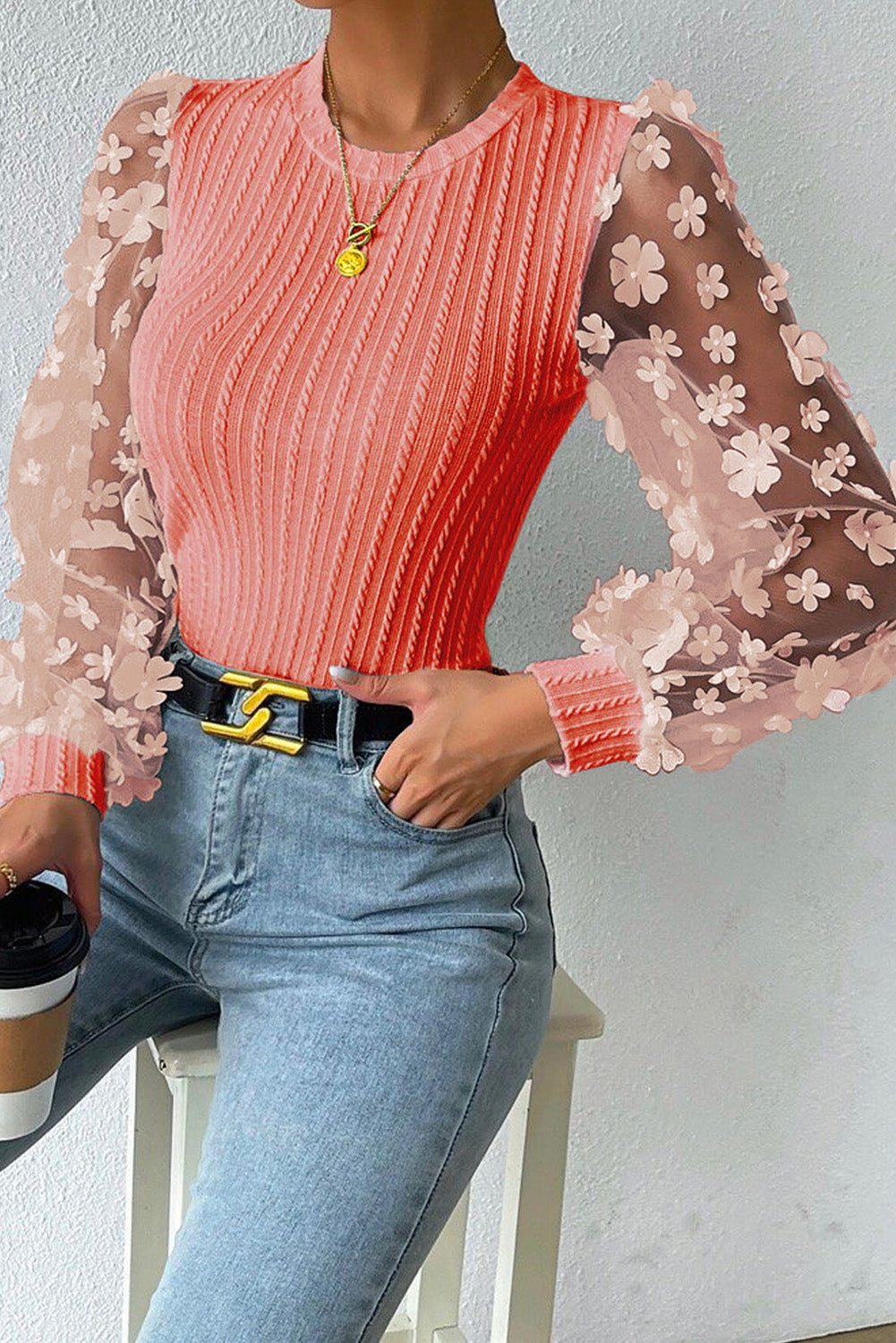 Textured Applique Long Sleeve Blouse - Coral / S