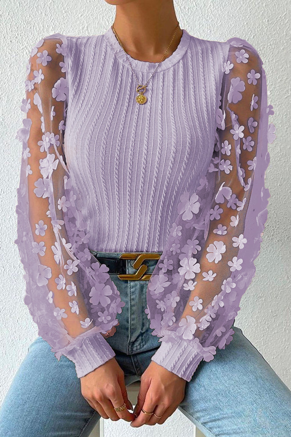 Textured Applique Long Sleeve Blouse - Lavender / S