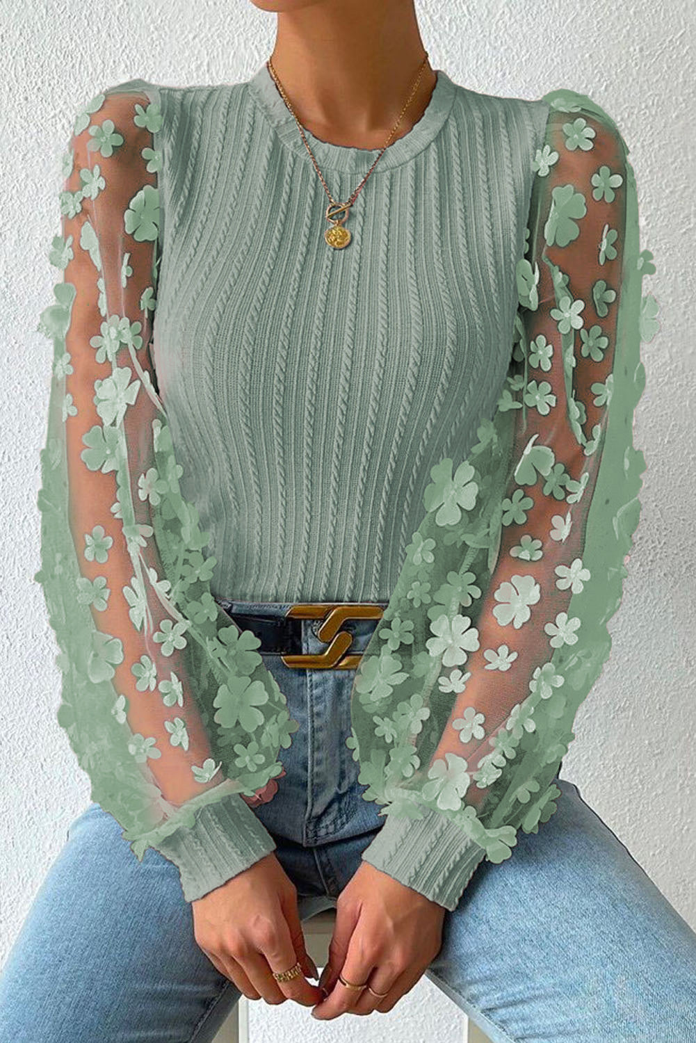 Textured Applique Long Sleeve Blouse - Sage / S