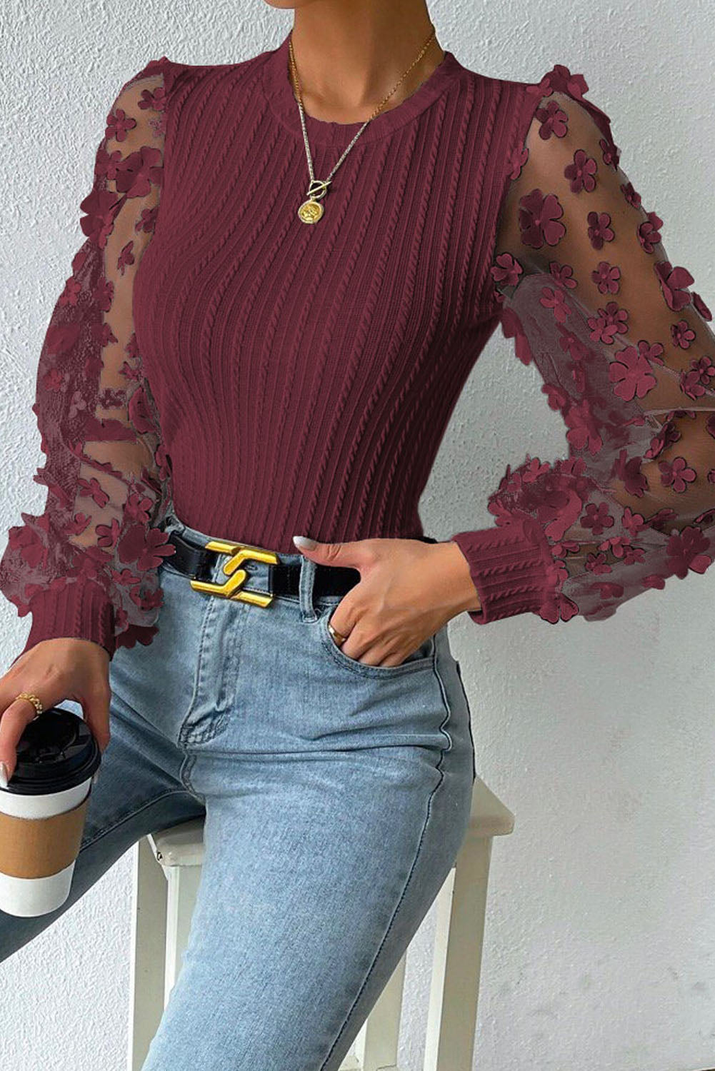 Textured Applique Long Sleeve Blouse - Wine / S