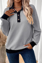 Textured Collared Neck Long Sleeve Top - Gray / M