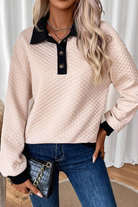 Textured Collared Neck Long Sleeve Top - Tan / S