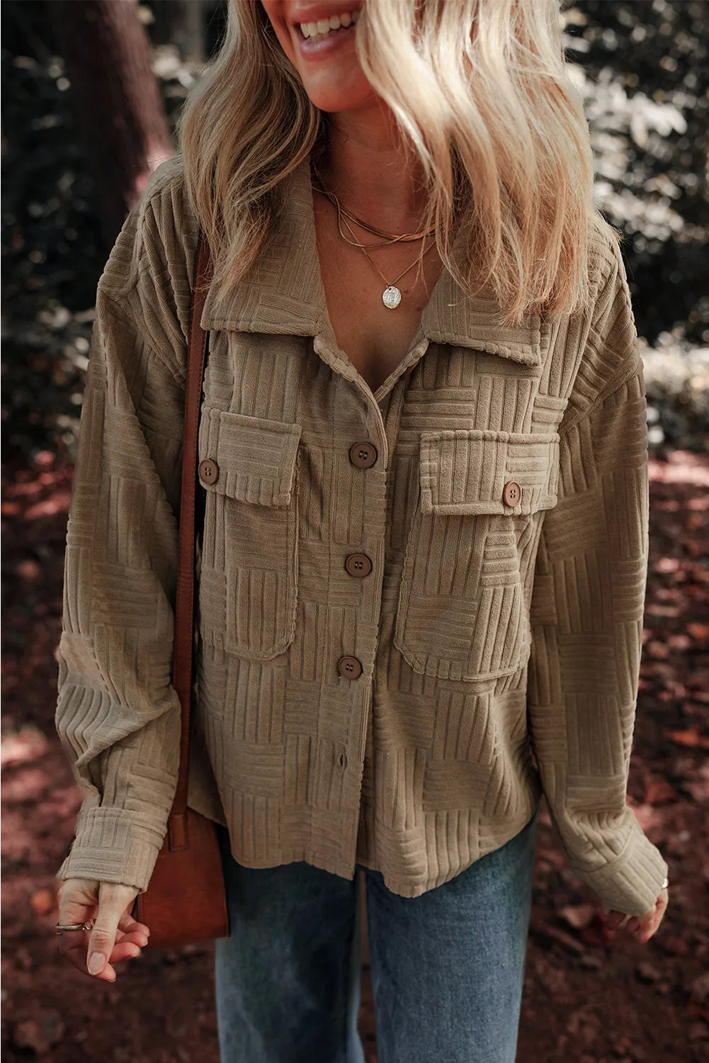 Textured Pocketed Collared Neck Long Sleeve Shacket - Taupe / S