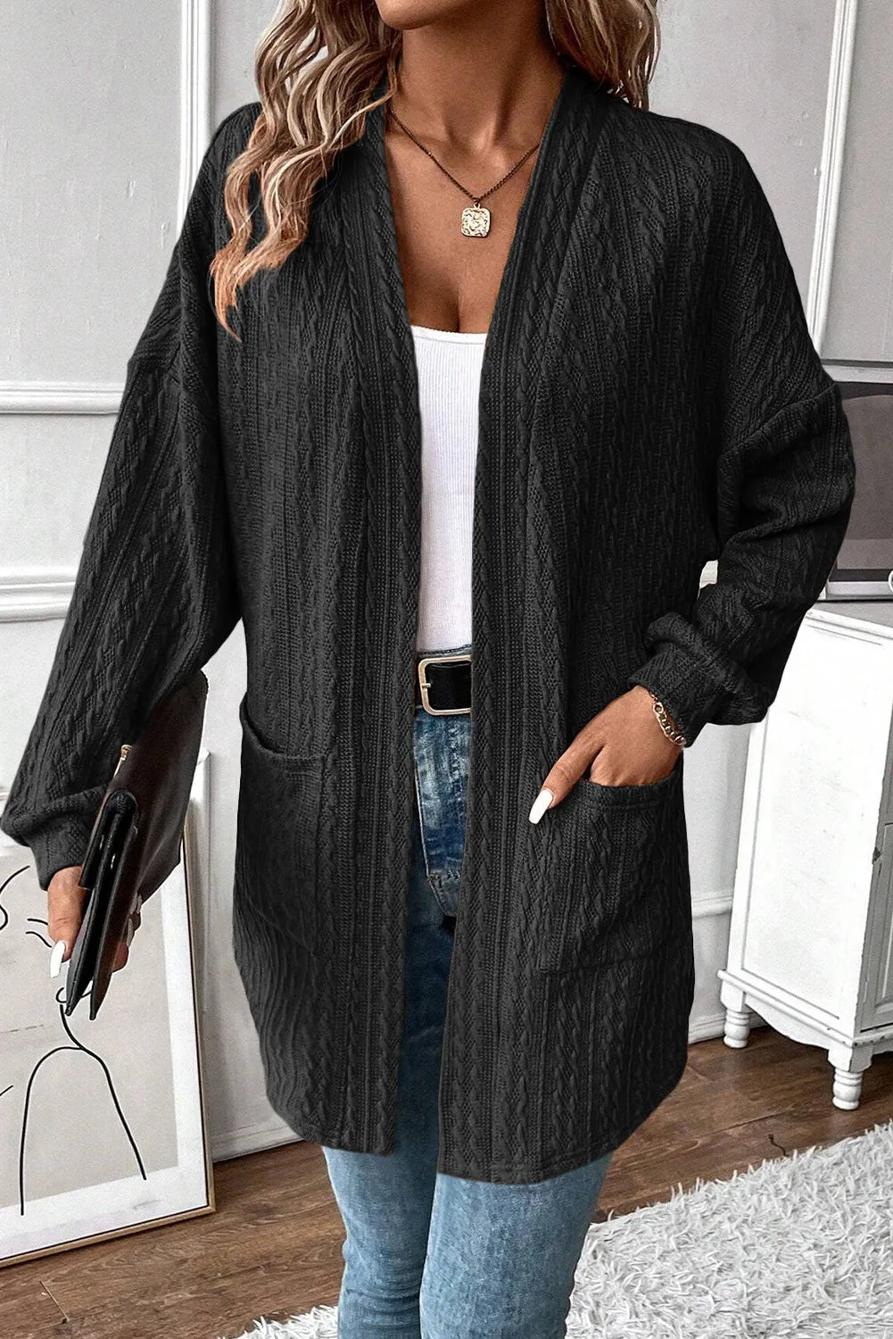 Textured Pocketed Open Front Long Sleeve Cover Up - Black / S