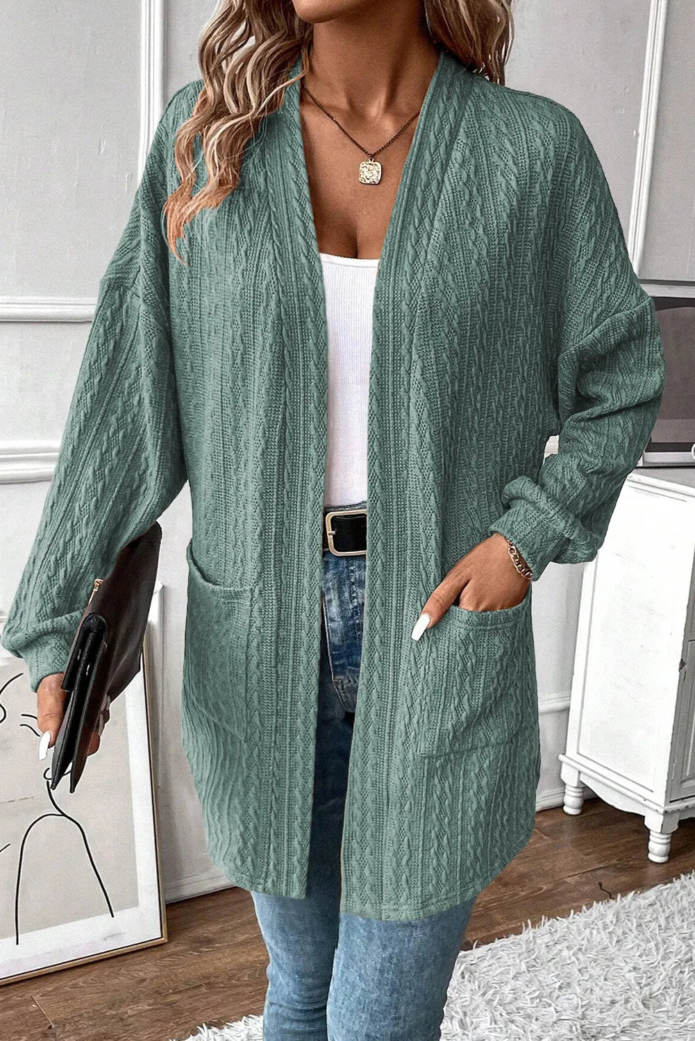 Textured Pocketed Open Front Long Sleeve Cover Up - Sage / S