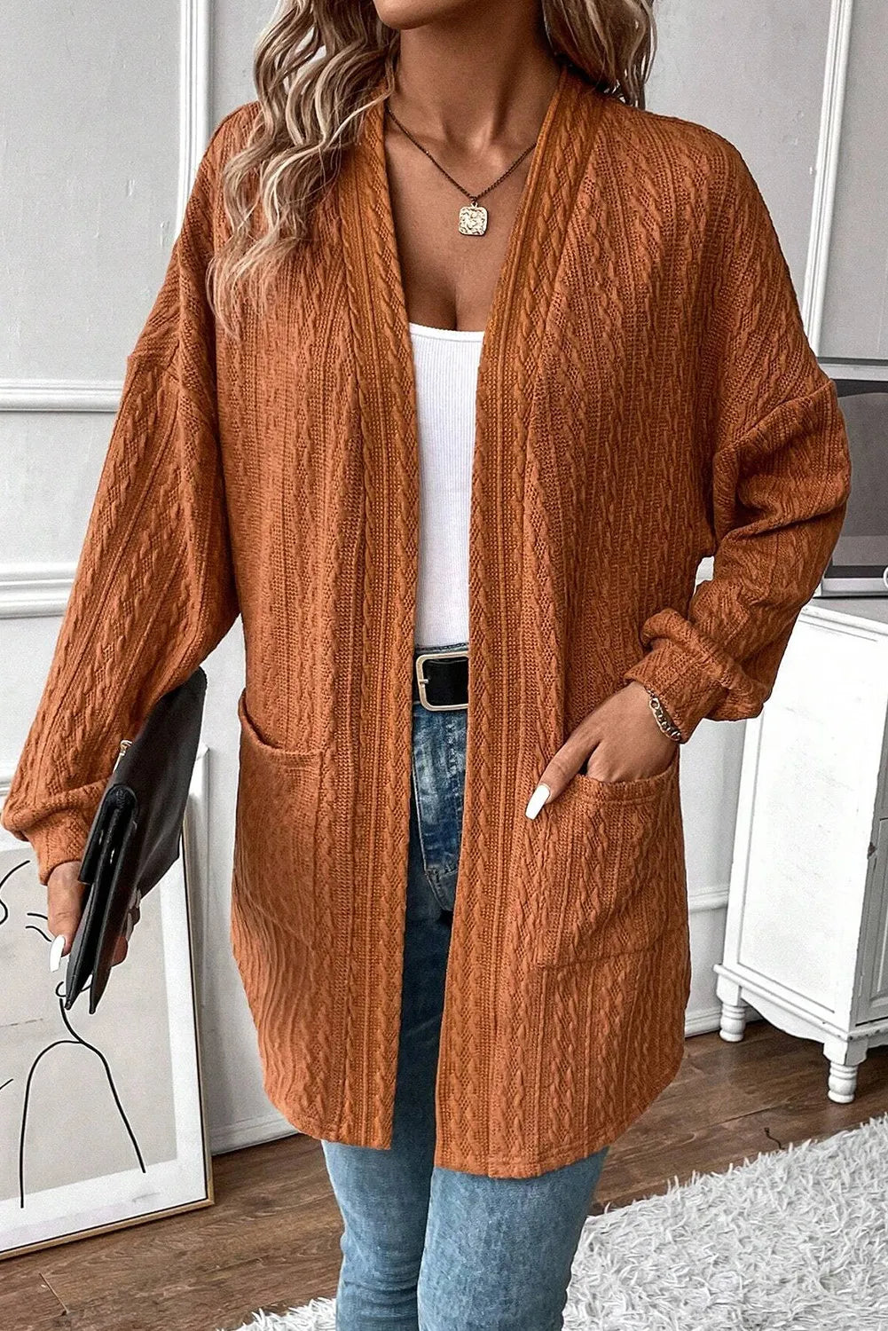 Textured Pocketed Open Front Long Sleeve Cover Up - Terracotta / S