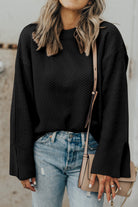 Textured Round Neck Long Sleeve Sweater - Black / S