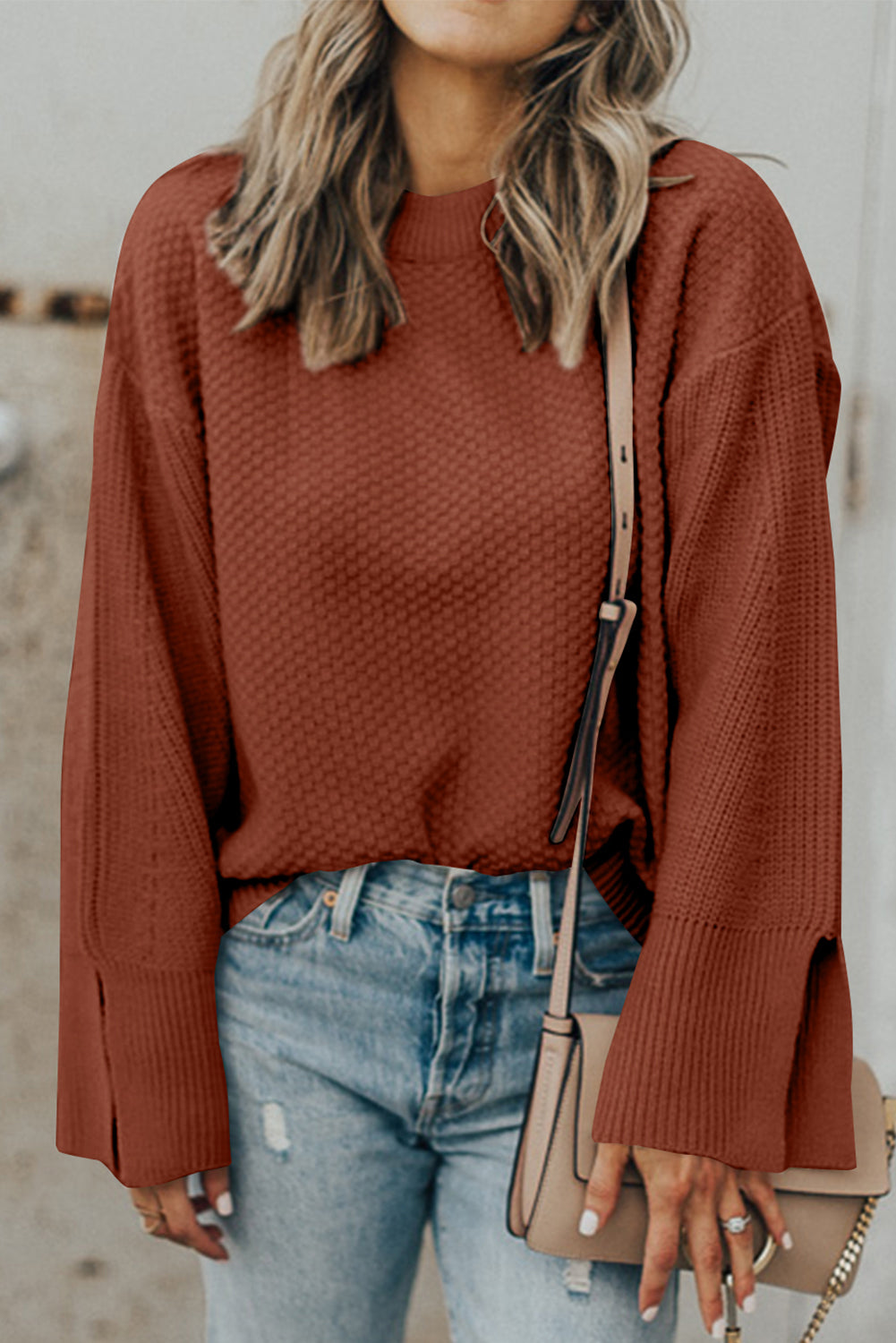 Textured Round Neck Long Sleeve Sweater - Dark Brown / S