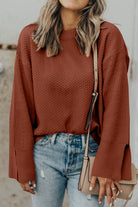 Textured Round Neck Long Sleeve Sweater - Dark Brown / S