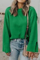 Textured Round Neck Long Sleeve Sweater - Dark Green / S