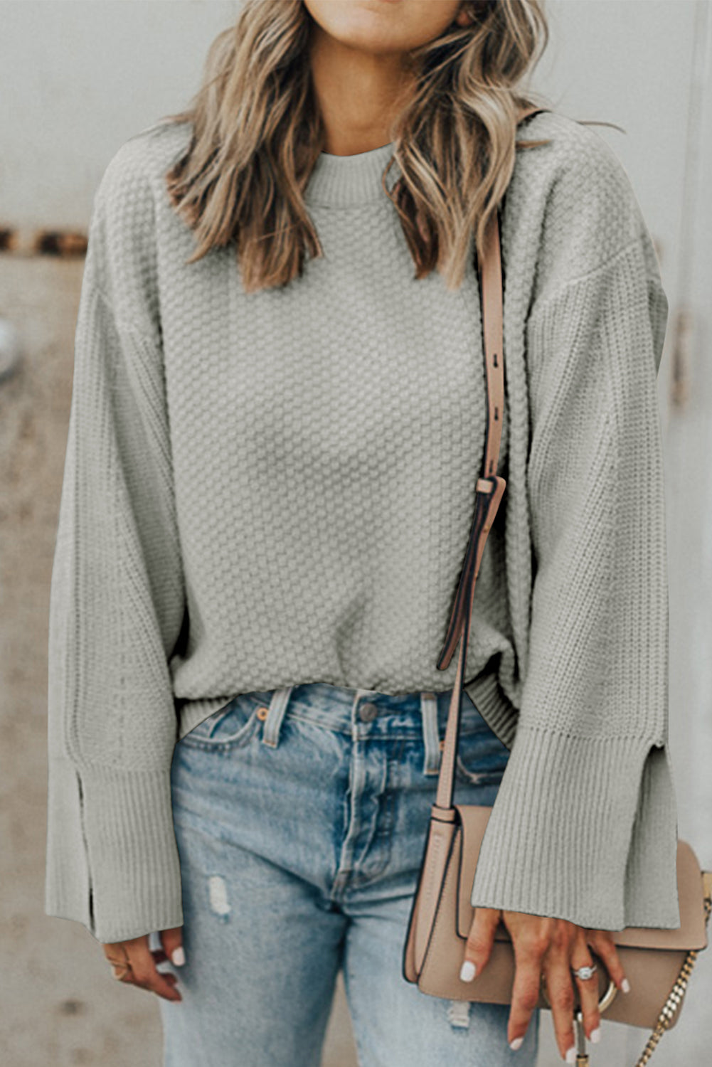 Textured Round Neck Long Sleeve Sweater - Gray / S