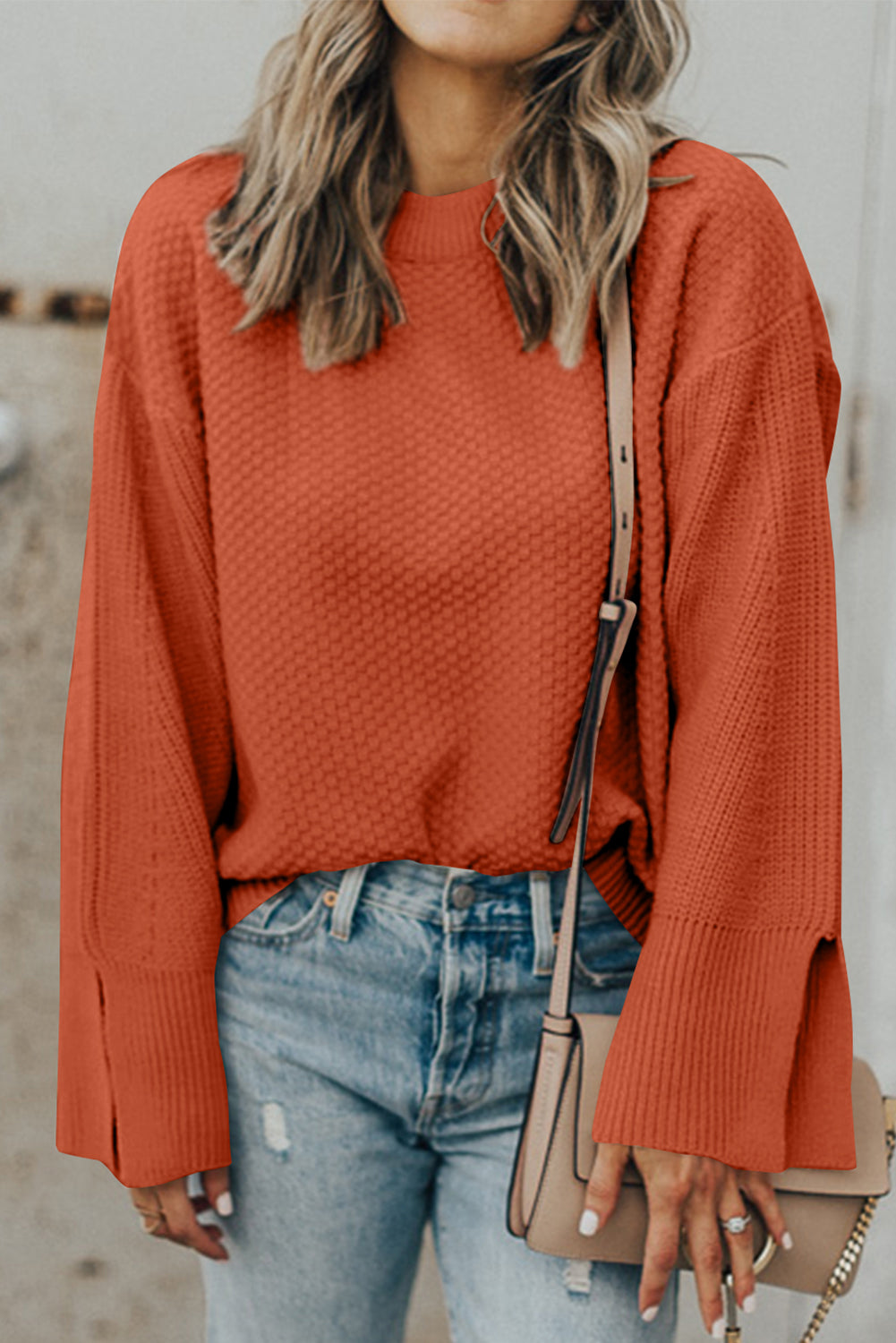 Textured Round Neck Long Sleeve Sweater - Ochre / S