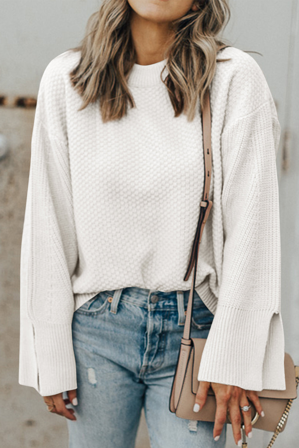 Textured Round Neck Long Sleeve Sweater - White / S