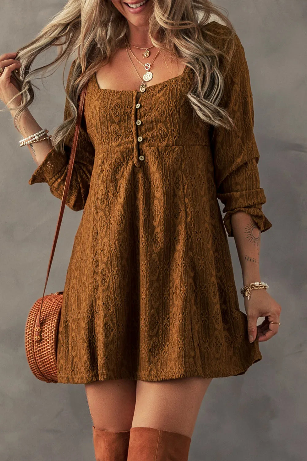 Textured Square Neck Mini Dress - Caramel / S