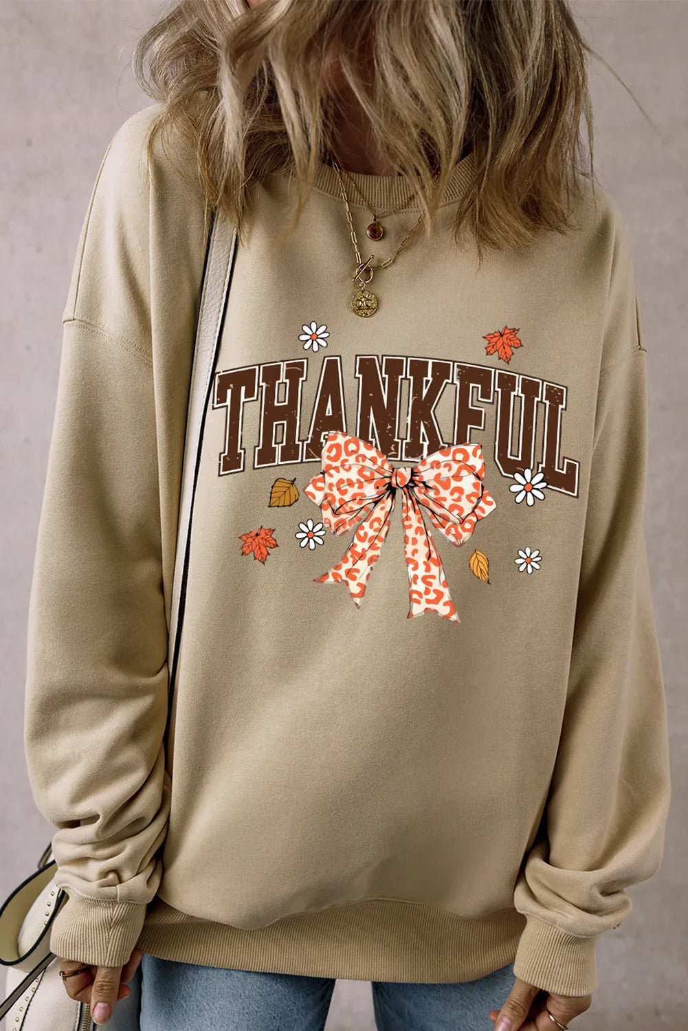THANKFUL Bow Round Neck Long Sleeve Sweatshirt - Khaki / S
