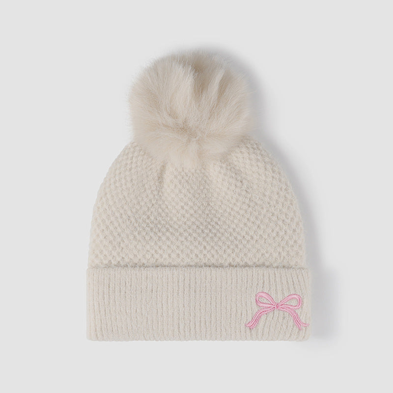 Thermal Bow Knit Hat with Pompom - Beige / One Size