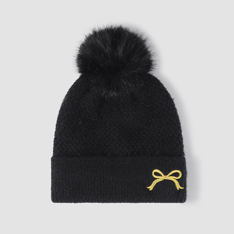 Thermal Bow Knit Hat with Pompom - Black / One Size